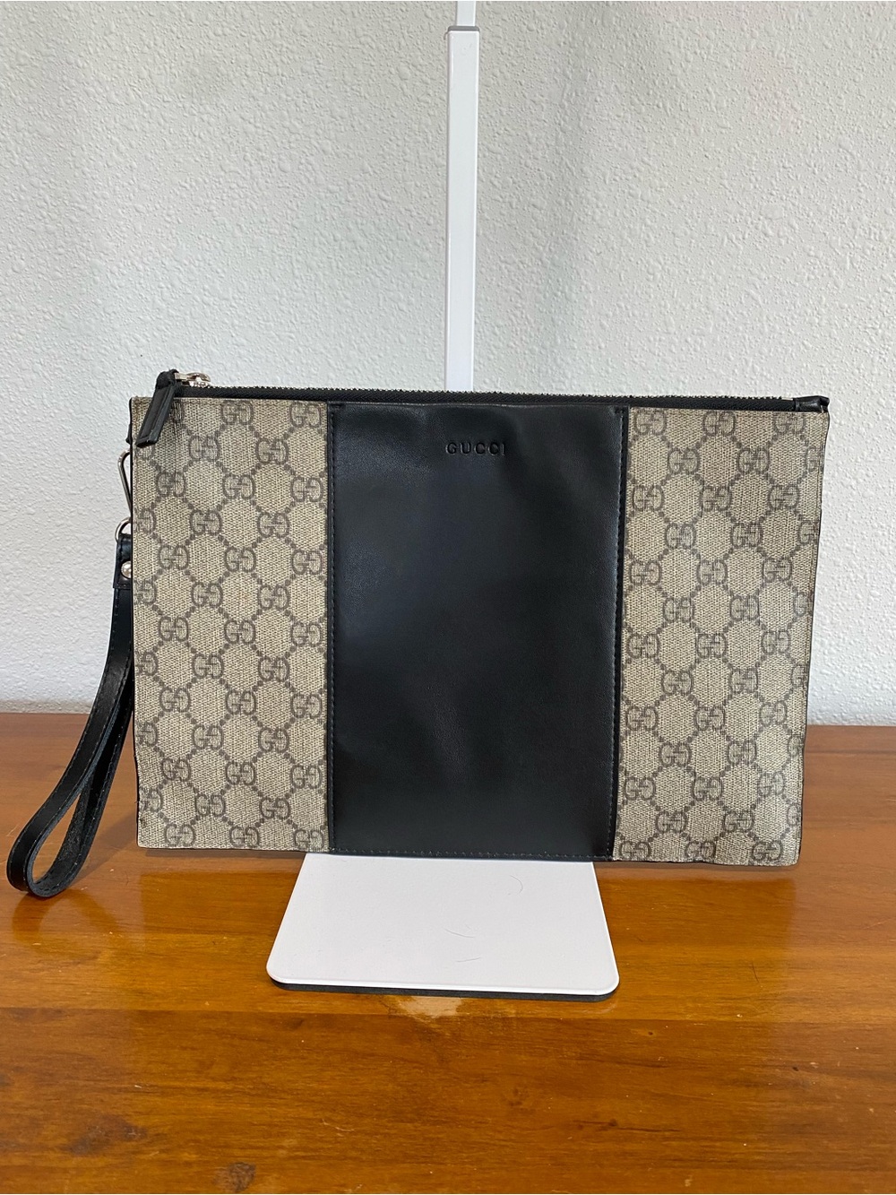 Canvas Wristlet with Black Leather Panel